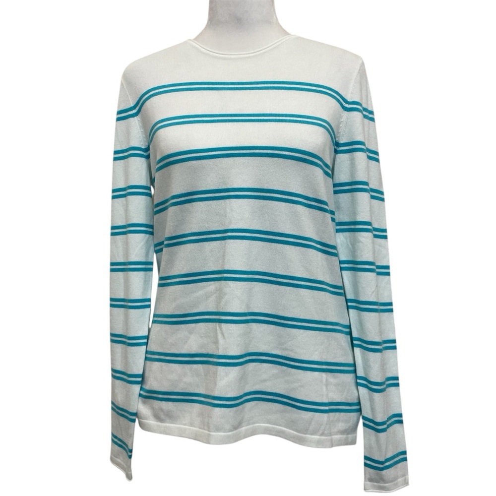 J. McLaughlin White & Light Blue Cotton Blend Striped Soft Knit Sweater